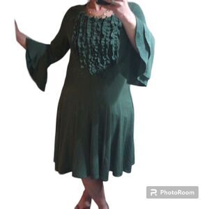 Blooming rose olive green ruffled trim Bell sleeve dress